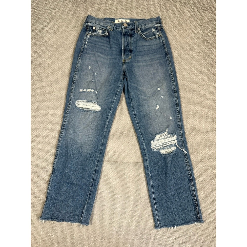 AMO Loverboy Jeans Womens 26 Crop Straight High Rise Distressed Denim Read